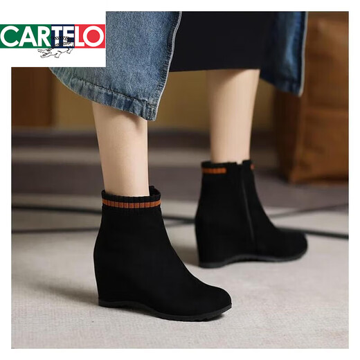 CARTELO Women's Boots Mid-calf Boots Women's Autumn and Winter Increased Mid-Heel Martin Boots Black 414243 Wedge Large Size Short Boots Women's Shoes Black Green Velvet Lining 37