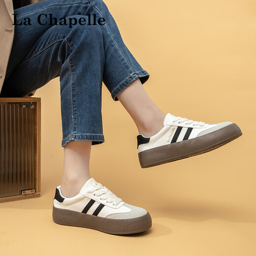 La Chapelle women's shoes winter moral training shoes thick-soled versatile sneakers plus velvet optional cotton shoes for women white and black 37