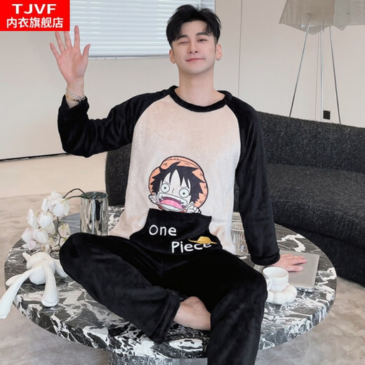 TJVF Pijamas para Hombre Otoño e Invierno Franela Fina Jersey de Dibujos Animados para Estudiantes Conjunto de Ropa para el hogar de Lana Coral de Manga Larga 3883-Bnave Bear 2XL Hombre