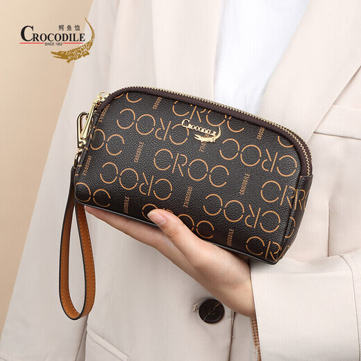 Crocodile shirt double zipper wrist bag classic presbyopia casual ladies handbag gift for wife V1686 camel color