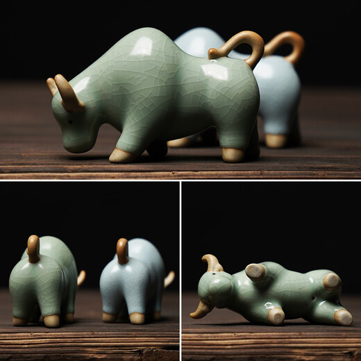 Qianyi tea pet cow ornaments twelve zodiac signs bullish tea play Ruyao open piece tea pet tea table accessories pouring tea animals Ruyao cow (bean green)