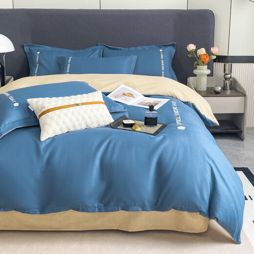 Derenxin bed four-piece bed quilt cover sheet pillowcase single and double bedding washed cotton brushed embroidered quilt cover sheet Bentley blue (light luxury embroidery style) single bed three-piece set - suitable for 150*200 quilts