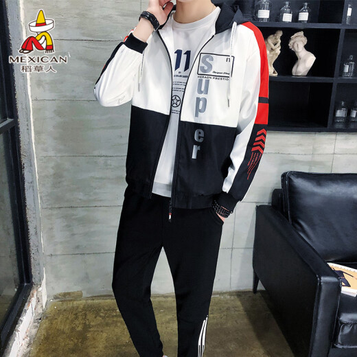 Scarecrow (MEXICAN) Sports Suit Men's Autumn Hooded Jacket Men's Sports Casual Pants Men's Loose Two-piece Set White XL