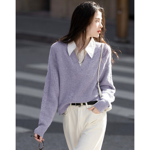 Demana Cloud Sweater Spring and Autumn Simple Style Commuting Spliced ​​Lapel Comfortable Fiber Velvet Yarn Covering Flesh Knitted Sweater Women's Top