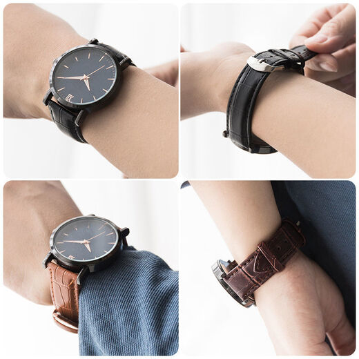 Anglang universal genuine leather watch strap for men and women with pin buckle cowhide waterproof and wear-resistant watch chain genuine leather black belt (tool and ear needle) watch strap head width men's 20mm