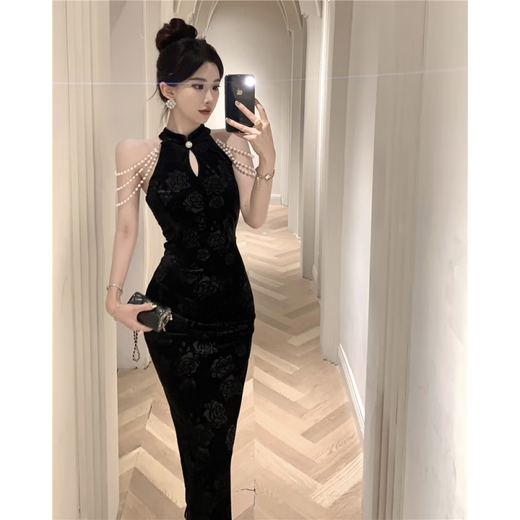 Yujiyu black skirt small evening dress banquet dress slim fishtail cheongsam dress black S recommended 80-93Jin Jin equals 0.5 kg