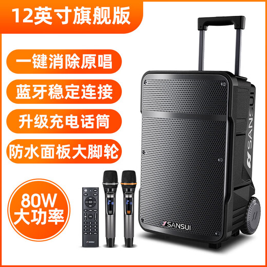 SANSUI A12 square dance audio outdoor audio karaoke special performance mobile portable trolley speaker high-power subwoofer with wireless microphone 12-inch bass + double bel canto microphone