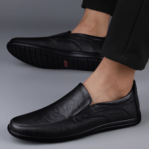 CLOHOO leather shoes men's spring and autumn genuine leather business casual breathable comfortable shoes men's formal shoes lazy beanie driving shoes black four seasons 43