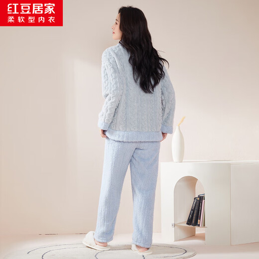 Hongdou Home Flannel Pajamas Women's Winter Contrast Color Jacquard Thickened Women's Home Clothes Bubble Blue 160/84A