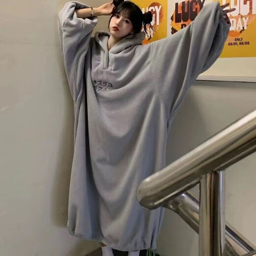 CEENIU Shuiyao daily rest pajamas and home clothes new autumn and winter oversized loose Japanese style plus velvet thickened hooded embroidery for men and women gray XL