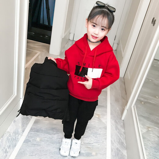 Cool Pan Bear Girls Suit Autumn and Winter Clothes 2022 Medium and Large Children's Casual Plus Velvet Thickened Vest Sweater Pants Children's Suit Little Girl Western Style Three-piece Suit Winter Cotton Clothes 3 to 14 Years Old Pink 140 Size Recommended Height About 1.3 Meters