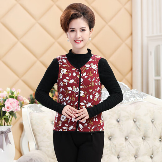 丝煌蚕丝马甲女手工100%桑蚕丝棉袄背心开衫冬季保暖内穿坎肩内胆大码 枣红白花3519 M [建议95-105斤]