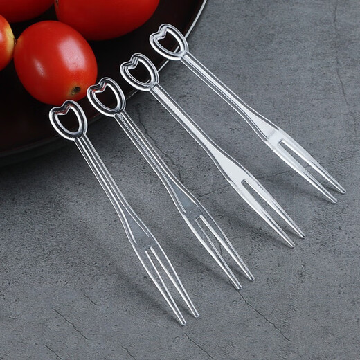 Fruit fork, disposable fork, transparent plastic small fork, crystal snack cake fork, fruit pick, love fruit pick, 500 pieces, transparent heart-shaped fruit fork