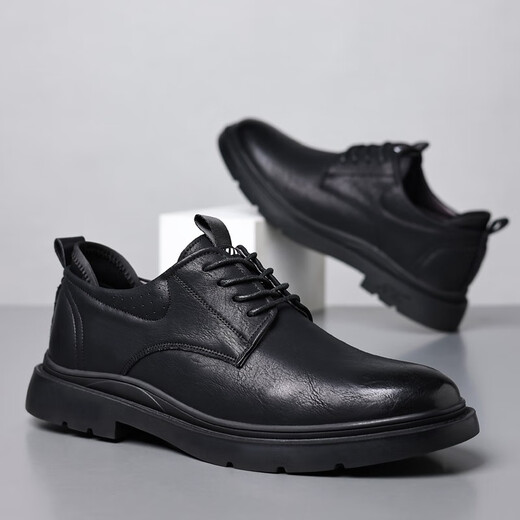 GENAI men's business casual leather shoes, genuine leather breathable work clothes, non-slip chef Martin shoes, Korean style trendy boys' small leather shoes, black genuine cowhide, size 42 (260MM)