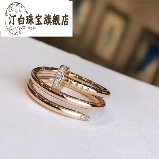 Tingbai 18K gold nail ring card floor women's high-end 925 silver 18K rose gold double circle head and tail inlaid with diamonds will not fall off the couple's ring rose gold ring US size 7
