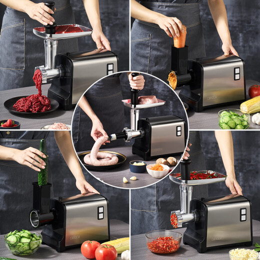 CAMOCA Meat Grinder Desktop Home Stuffing Electric Sausage Sausage Machine Small Commercial Sausage Stuffing Machine Multifunctional Meat Mixer Cooking Meat Mincer Machine Minced Vegetables Minced Garlic Machine Minced Beef and Mutton 1000W Peak Power Stainless Steel Body Minced Meat + Enema - Double Blades