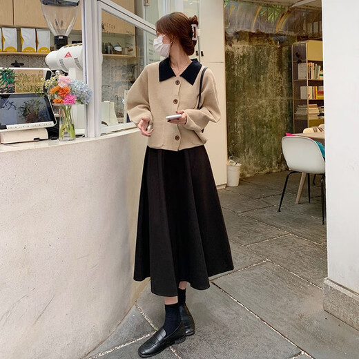 Trendy brand Avmko skirt women's autumn and winter new style retro temperament mid-length high-waisted a-line fairy skirt drape solid color pleated woolen umbrella skirt black L