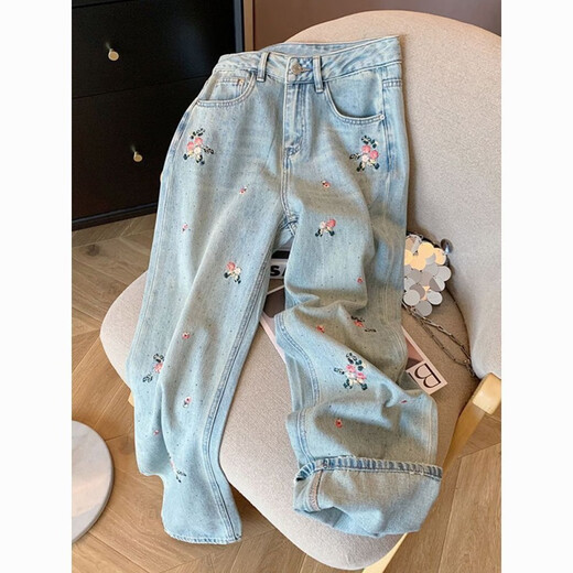 Mu Youyu's new Chinese style Chinese style flower embroidered straight jeans for women 2024 spring design high waist slimming wide-leg pants 6623 blue - summer thin jeans S-summer thin jeans