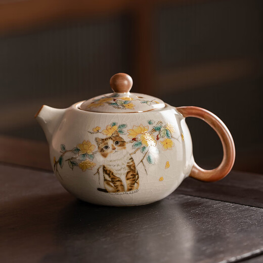 Porcelain brand tea set Ru Kiln Kung Fu tea set with tea tray household ceramic personal teapot teacup tea set beige Ru Kiln cute cat Xishi pot one pot and two cups