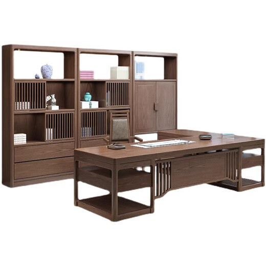 Yanxie Chengge (YARXCHEG) new Chinese style office desk and chair combination all solid wood boss desk president desk simple modern executive desk office furniture 3.0 meter table + side table + bookcase + main chair + 2 guest chairs
