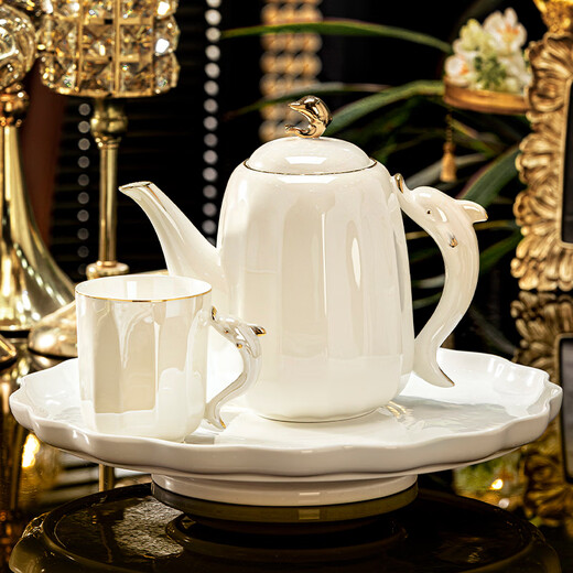 NINE CRANES Creative Jingdezhen Tea Set Light Luxury High-end Housewarming Gift New Home Cup Ceramic Kettle Living Room Hospitality Water Set 8-piece High-end Gift Box