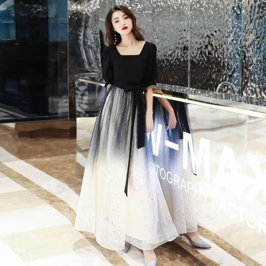 Li Baixin banquet evening dress female adult student art exam new black long temperament host choir performance dress black S recommended 85-90Jin Jin equals 0.5 kg