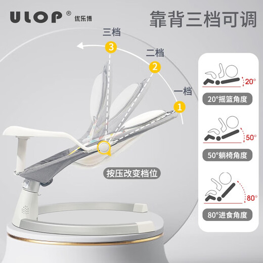 ULOP (ULOP) Baby Schaukelstuhl Baby Elektro-Schaukelstuhl Komfort Schlaflochstuhl Neugeborene Geschenkbox [Backrest verstellbar + Essschild] Elektrischer Schaukelstuhl grau