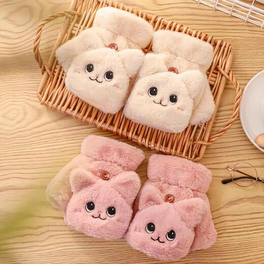 Demi Anissa Gloves Women's Winter Cute Plush Kitten Girly Style Korean Style Versatile Student Fingerless Gloves Dual-Purpose Autumn and Winter Thickened Warm Cartoon Flip Half Finger Gloves Cat White Flip Style