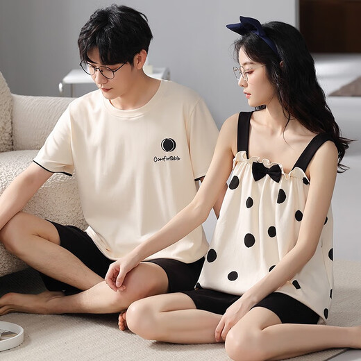 Daizixin 2 conjuntos de pijamas de pareja para tirantes de verano para mujeres, juego de dos piezas de chaleco de algodón puro de manga corta Traje de verano para hombres delgados DD9903 Mujeres XL+Hombres XL