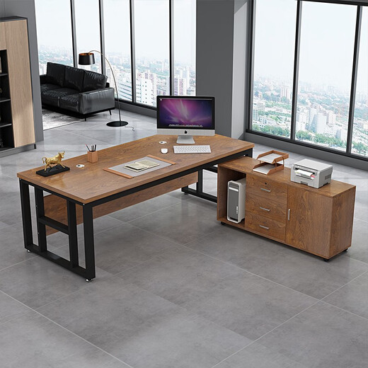 Rusen Office Boss Desk Manager Desk Leadership Office Desk and Chair Combination Modern Simple Single Computer Desk Black Frame + Golden Oak Color 160*60 Table + Side Cabinet