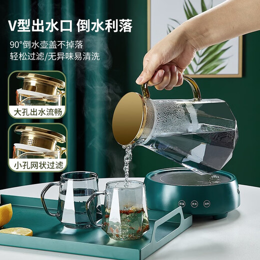Green apple home high-end diamond glass cup tea cup kettle set with handle light luxury living room drinking cup family star diamond cup 6 smoky gray + pot + cup holder + dark green plate