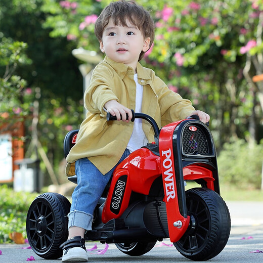Selected children's electric motorcycles, rechargeable toy cars, male and female babies, remote-controlled three-wheel strollers with music and lights, red high-end dual-drive + Chaowei battery + remote control Children's Day gift