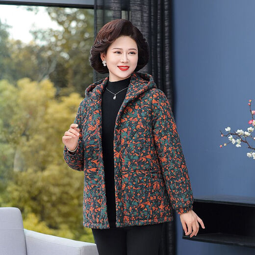 Yu Zhaolin (YUZHAOLIN) Yu Zhaolin mother's outfit cotton plus velvet cotton coat hooded middle-aged and elderly women's clothing autumn and winter loose grandma floral cotton blue 3XL recommended 145-160Jin Jin equals 0.5 kg