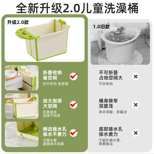 鱼跃星空儿童泡澡桶可折叠家用婴儿洗澡盆宝宝沐浴加大立体式游泳洗澡桶 绿色【立式折叠+浴凳+送礼包】 【升级展开大空间】0-10岁适用