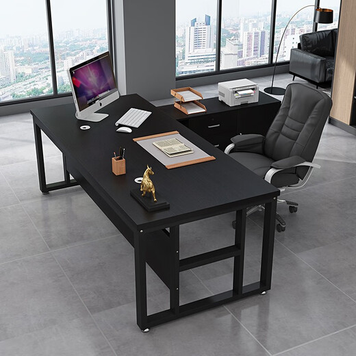 Rusen Office Boss Desk Manager Desk Leadership Office Desk and Chair Combination Modern Simple Single Computer Desk Black Frame + Golden Oak Color 160*60 Table + Side Cabinet