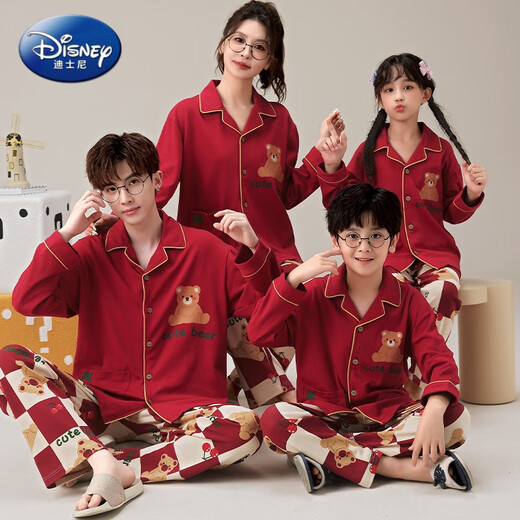 Disney Christmas colorful dot bear parent-child pajamas pure cotton spring and autumn long-sleeved children's bright red festive New Year home clothes 2882# Christmas polka dot bear (YPF lapel long sleeve) Mom L size 150-165CM100-115Jin Jin equals 0.5 kg