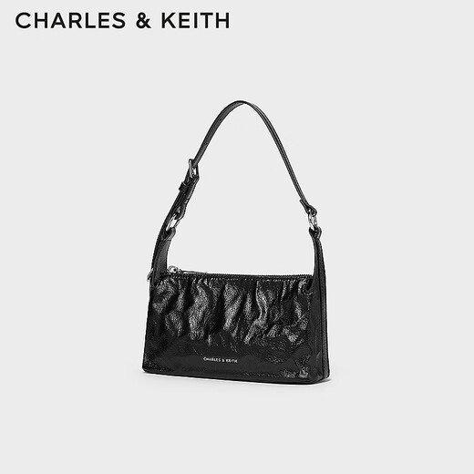 CHARLES&KEITH pleated wax leather cross-body small square bag handbag armpit bag women's birthday gift CK2-80160183 Noir black S