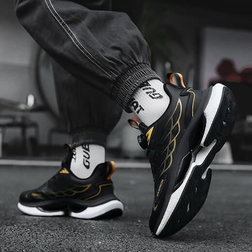2025 new sports shoes for men, autumn and winter shoes, rotating button running shoes, ultra-light shock-absorbing breathable shoes for men 9887-black gold leather style 42
