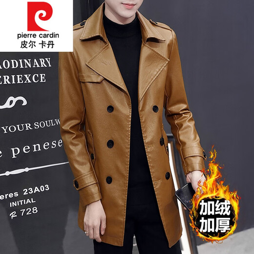 Pierre Cardin mid-length leather men's jacket youth slim and handsome motorcycle leather autumn and winter velvet windbreaker Korean style trendy knitted 516 black 3XL 185