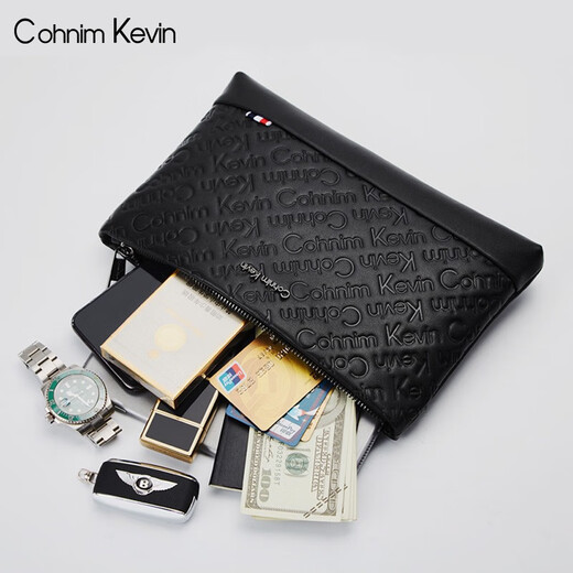 Cohnim kevin奢侈品男士手包手拿拉链男包手抓长钱包送老公男友父亲节生日礼物 c228黑色【时尚休闲】