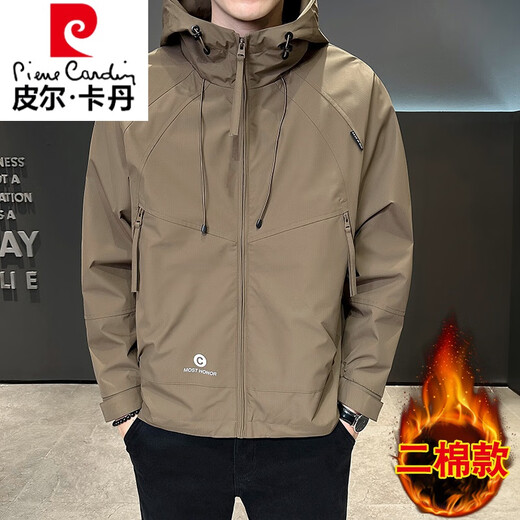 Pierre Cardin (pierre cardin) high-end three-proof assault. Jacket men's spring and autumn 2025 new hooded jacket men's winter cotton brown second cotton thickened cotton XL 120-140Jin Jin equals 0.5 kg