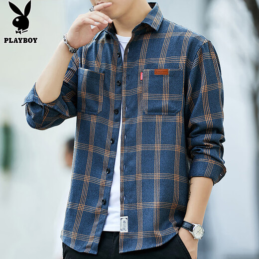 Playboy (PLAYBOY) long-sleeved shirt men's loose autumn and winter trendy plaid shirt men's casual shirt jacket yellow XL