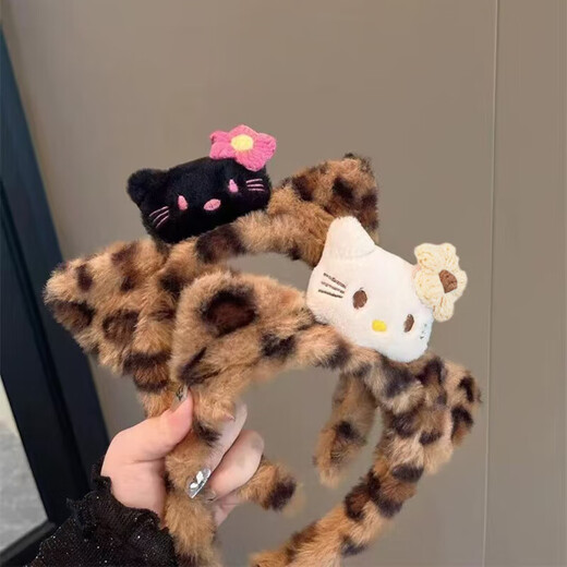 Cat ear plush headband leopard print KT cat sauce headband women's face wash makeup headband cartoon hair accessories tiger stripe white cat/
