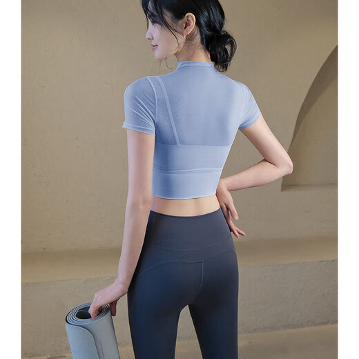 Yoga suit with chest pad for women summer Pilates fitness running suit sports suit short sleeve black top + gray trousers S S80-95Jin Jin equals 0.5 kg