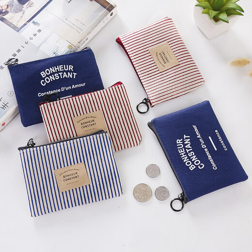 Tuzun fabric coin purse storage bag student portable coin bag mini striped small square bag zipper canvas small wallet English blue