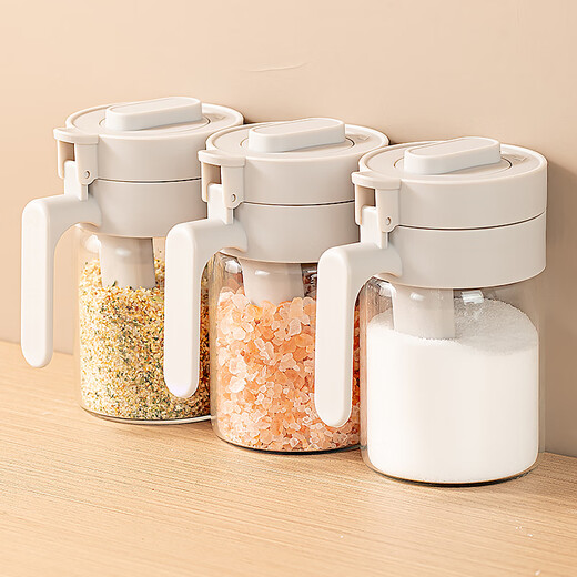 Home KATEI STORY Japanese seasoning box kitchen seasoning jar seasoning box glass salt shaker storage container moisture-proof seasoning jar quantitative high-end gray lid with small spoon 3-piece set 300ml