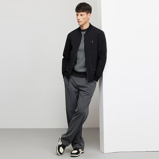 Dances with Wolves Topstitch Design Baseball Collar Jacket Men's Exquisite Lined Windproof Jacket 001 Black 175