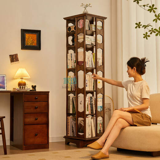 Jiayi all solid wood rotating bookshelf 360 degree bookcase living room vertical bookshelf floor-standing integrated wall storage rack including installation