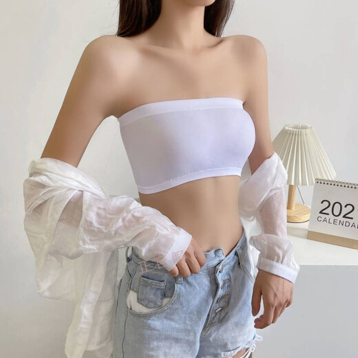 Summer strapless bandeau one-piece one-piece bottoming anti-exposure white thin student underwear women's short bra white + black (2 pieces) plus size (120-180 Jin Jin equals 0.5 kg can be worn) without pad
