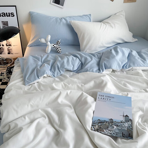 谷蝶北欧床单被套2件套单件少女件套纯色被罩宿舍天蓝单双人件套 双拼-奶白浅蓝 (1) 150*200被套